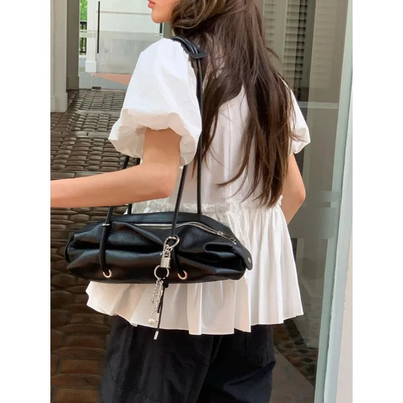 Allmatch Oneck Lace Up Blusas Mujer Summer New Ruched Shirts Y2k Puff Sleeve White Loose Blouses