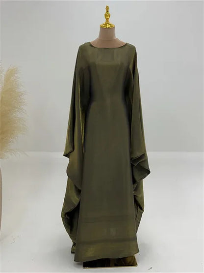 Autumn Loose Shiny Maxi Dress ’s Butterfly Batwing Long Sleeve Muslim Clothes Party Dress Female Long Dress New