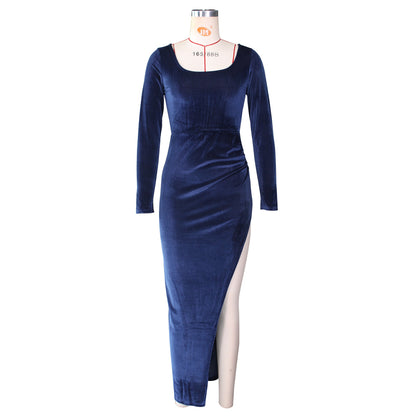 Velvet High Waist Slit Maxi Dress Long Sleeve Evening Party Dress