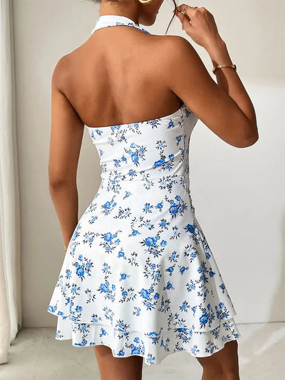 Halter Mini Dresses Spring Summer New Slim Blue Print Dress Backless Dress