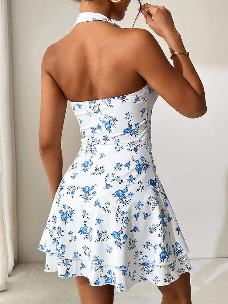 Halter Mini Dresses Spring Summer New Slim Blue Print Dress Backless Dress
