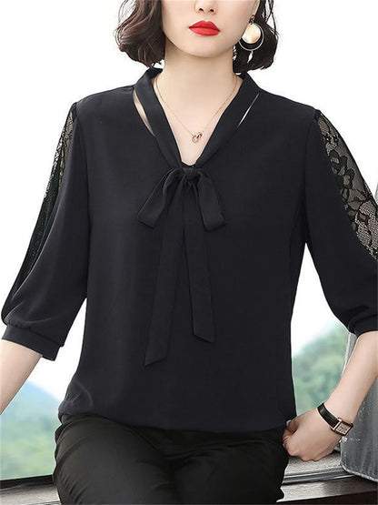 Spring Summer Style Blouses Tops Lady Bow Tie Colloar Half Lace Sleeve Loose Blusas Tops Df4275