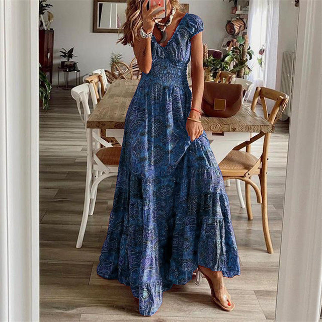 Print Long Dresses V-neck Elastic Waist Short Sleeves Vacation Style Dress Female Vestidos