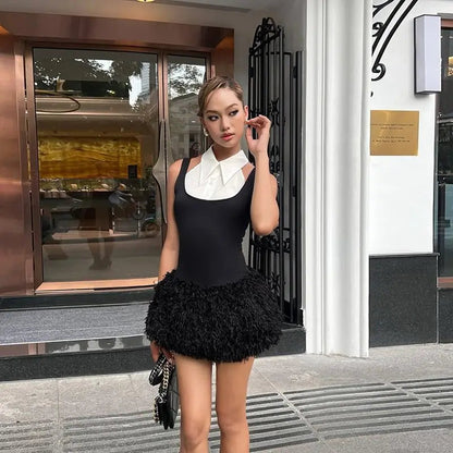 French Style Black and White Spliced Fake Twopiece Sleeveless Dress Summer Waist Cinching Slimming Aline Mini Dress for