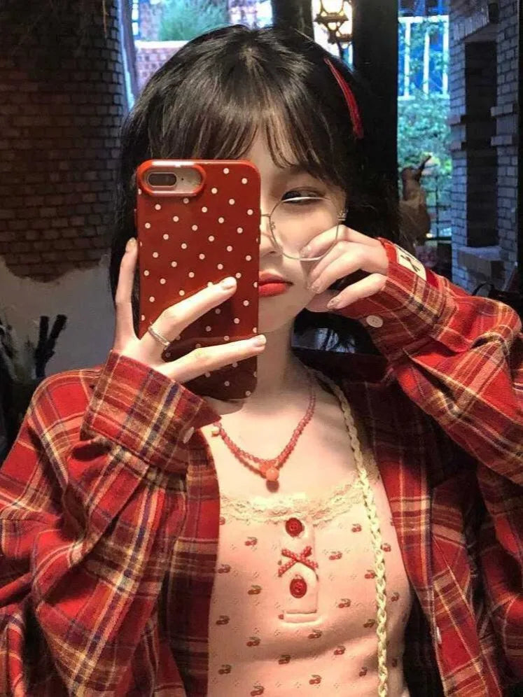 Spring Autumn Red Checkered Shirt Single Breasted Blouses Long Sleeved Sun Protection Top New