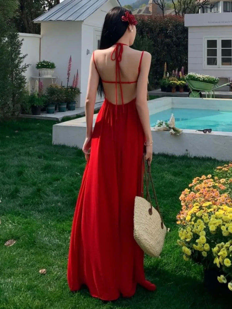 Backless Long Dresses Spaghetti Strap Halter Laceup Wedding Evening Party Dress French Style Aline Vestidos