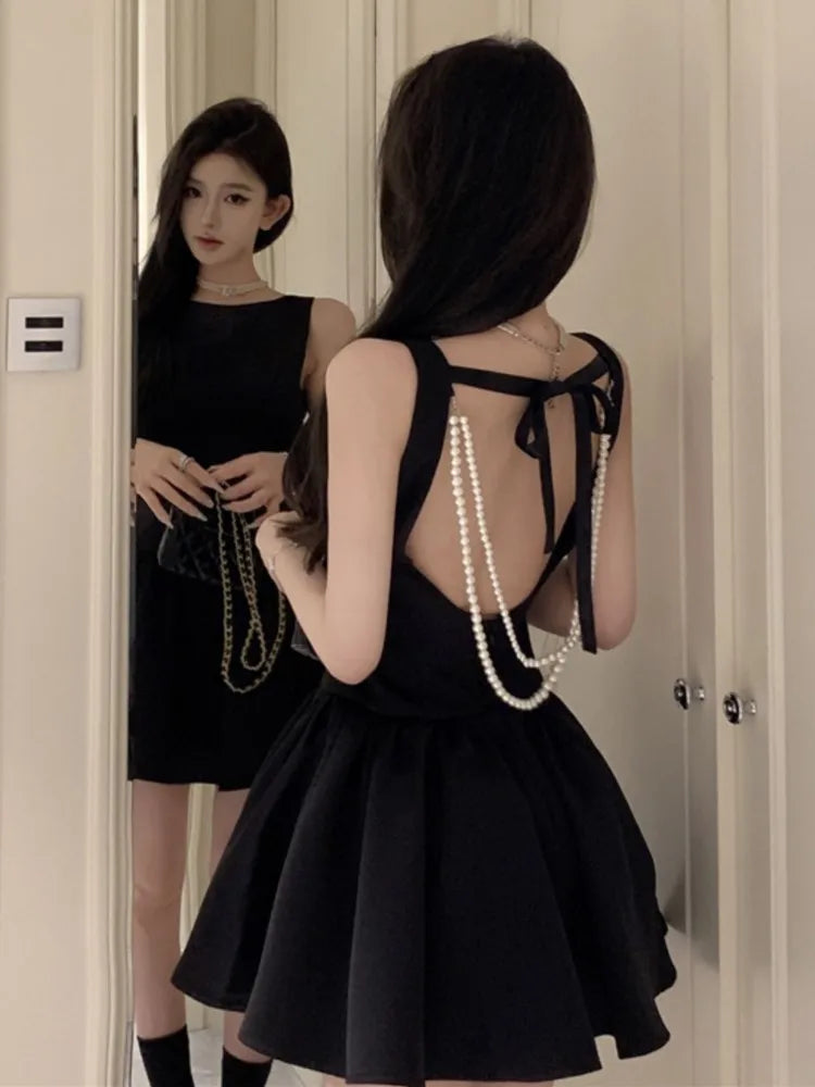 Korean Romantic Pearl Chain Backless Lace Up Princess Mini Dresses Sweet a Line Dress Birthday Evening Party Clothes