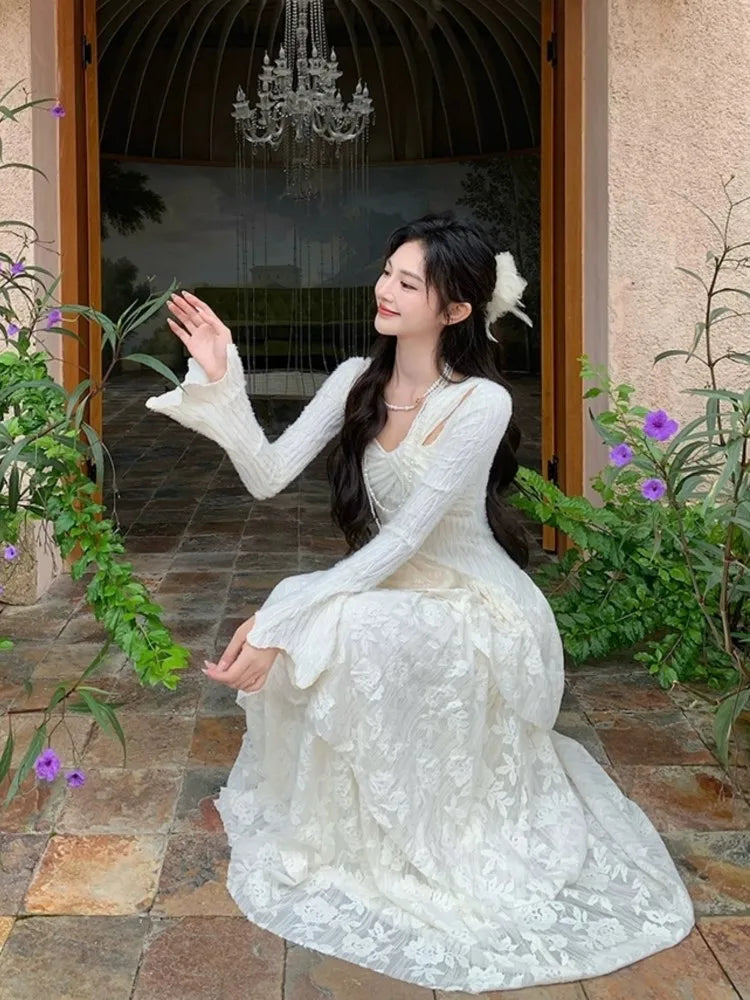 Fairy Dresses Knitted Patchwork Flare Sleeves Princess Cake Long Dress Autumn Party Prom Aline Vestidos Robe New