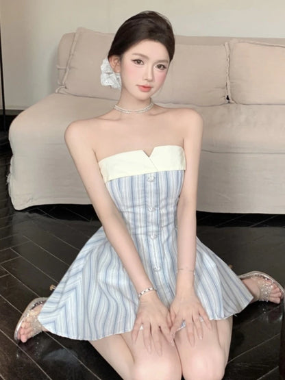 Y2k Strapless Mini Dresses for Bow Patchwork A-line Birthday Party Dress Korean Prom Short Vestidos Mujer