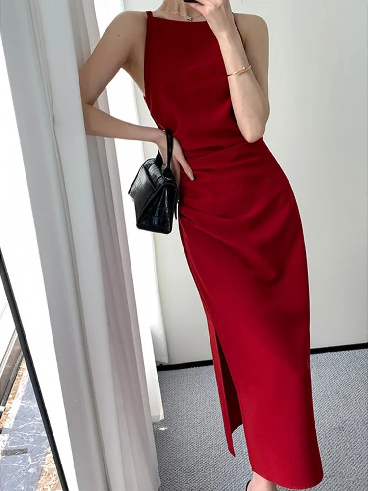 Summer Korean Slim Red Sleeveless Midi Dress New Spaghetti Straps Bodycon Split Clothes Office Lady Vestidos