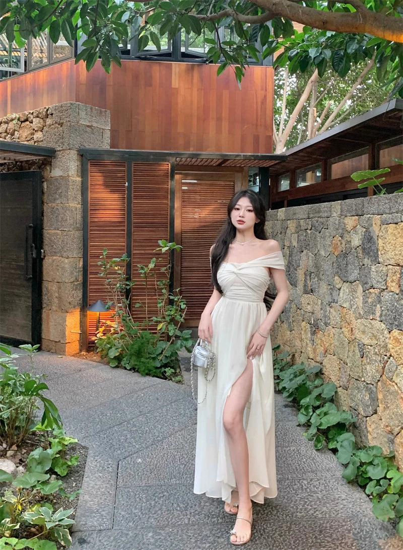 Chiffon Midi Dress Summer New Off Shoulder Slash Neck High Split Holiday Beach Style Backless Party Dress Vestido