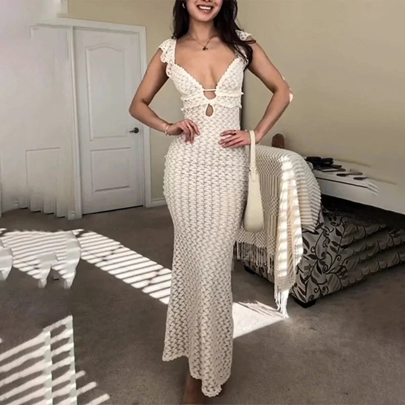Deep V Neck Dresses Sleeveless Slim High Waist Long Dress Femme Holiday Knitted Beach Dress Woman