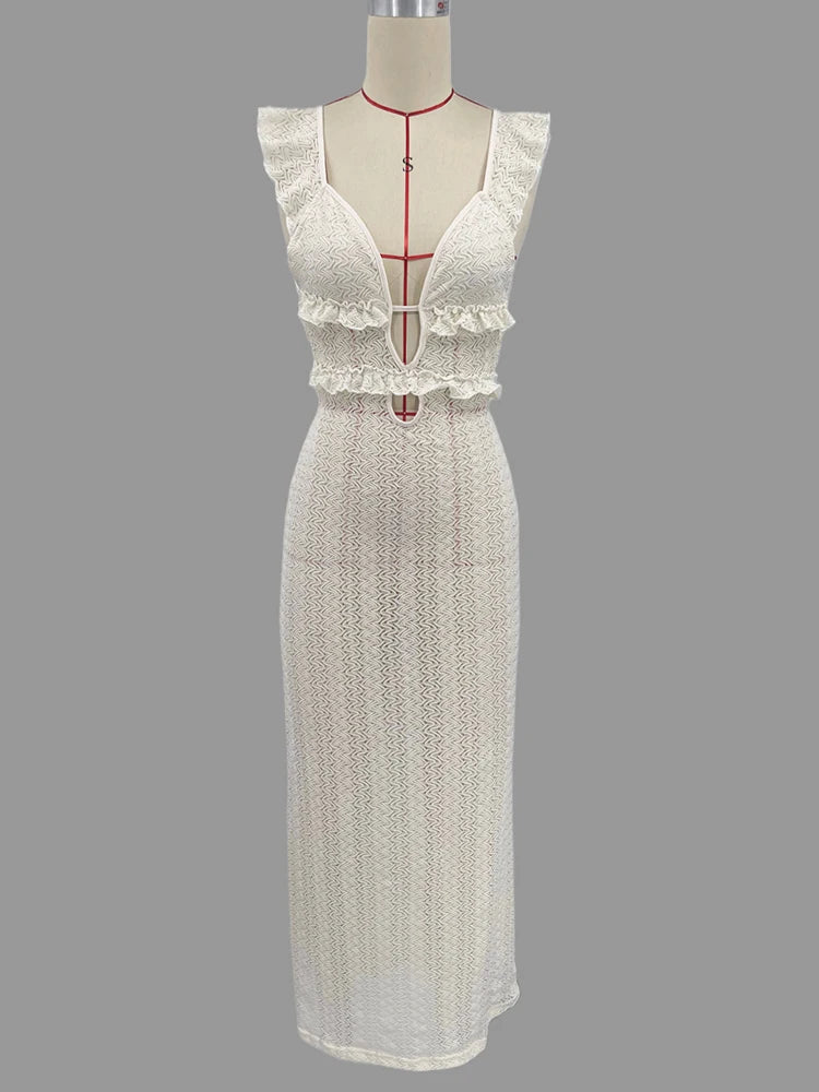 Deep V Neck Dresses Sleeveless Slim High Waist Long Dress Femme Holiday Knitted Beach Dress Woman