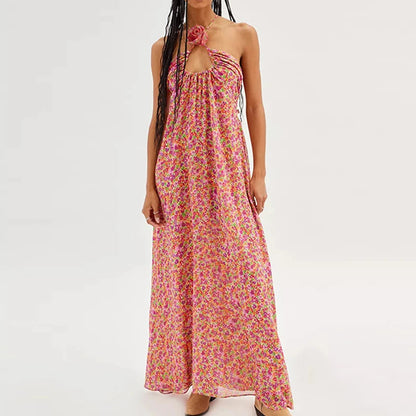 Cross Halter Rose Design Maxi Dress Spring Print Long Party Dress Summer Backless Hollow Holidays Dresses