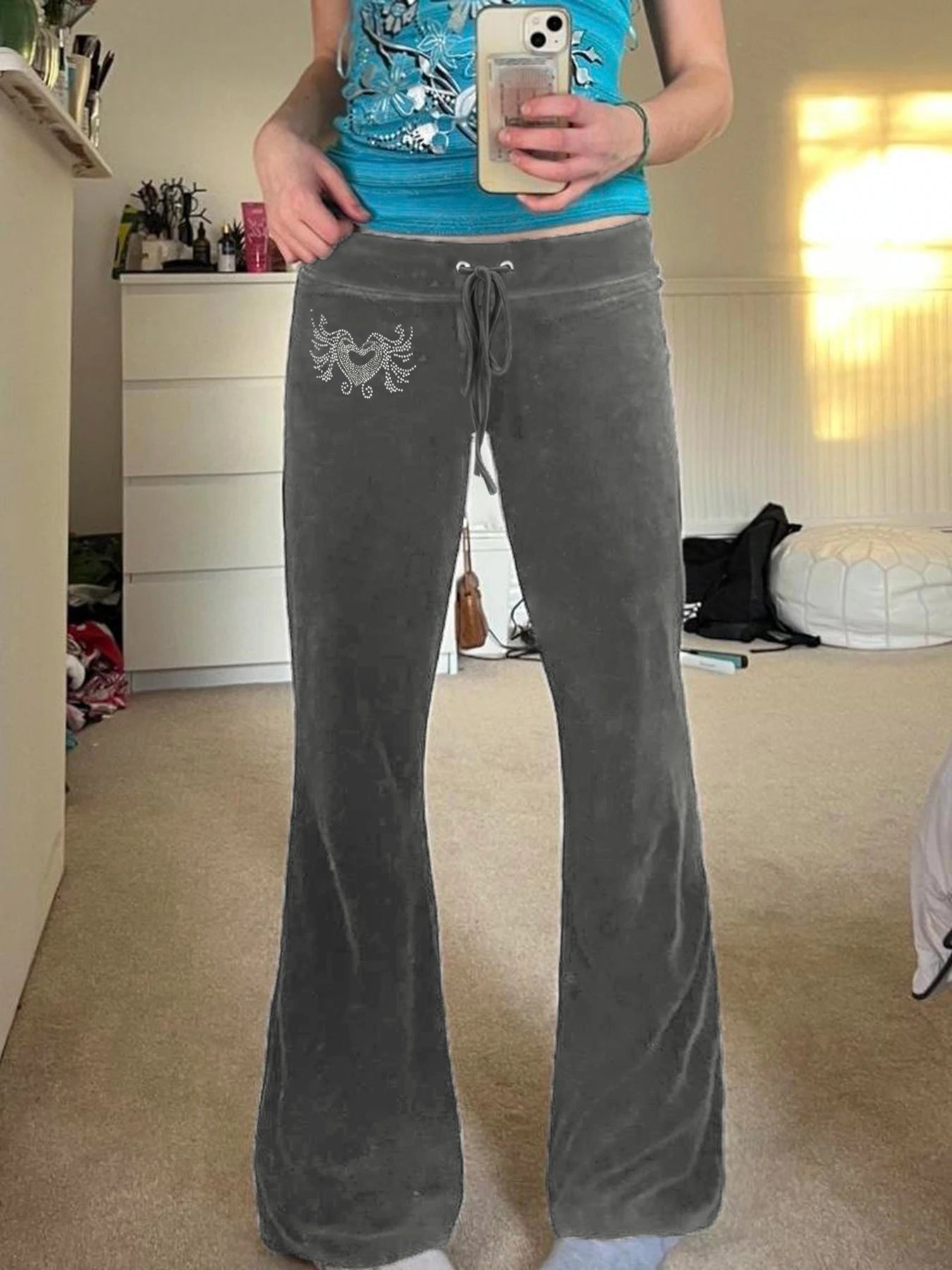 American Retro Y2k Low Waisted Velvet Flared Pants Drawstring Tie Waist Heart Rhinestone Trousers