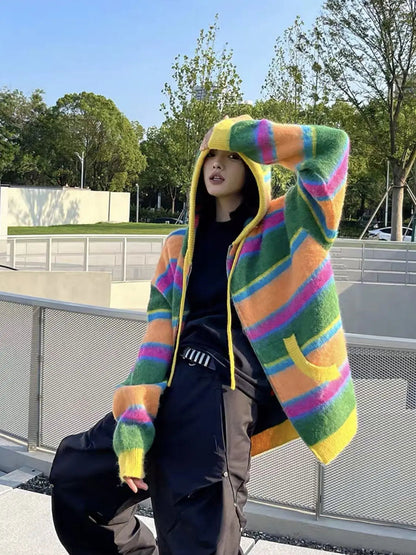 Retro Rainbow Striped Knitted Sweater Cardigan Color Blocked Versatile Autumn Winter Hooded Jacket