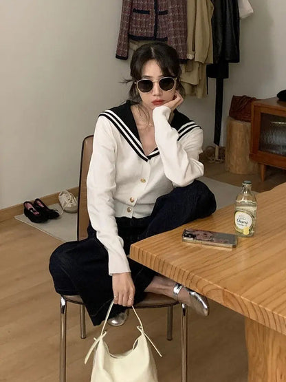 White Navy Collar Knitted Cardigan Age Reduction Clothing Autumn Thin Long Sleeve Sweater Korean Y2k Top
