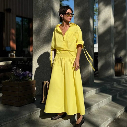 Pocket Blouse Two-piece Set Single Breasted Short Sleeve Blouse+elastic Waist Long Skirts Skirts Sets