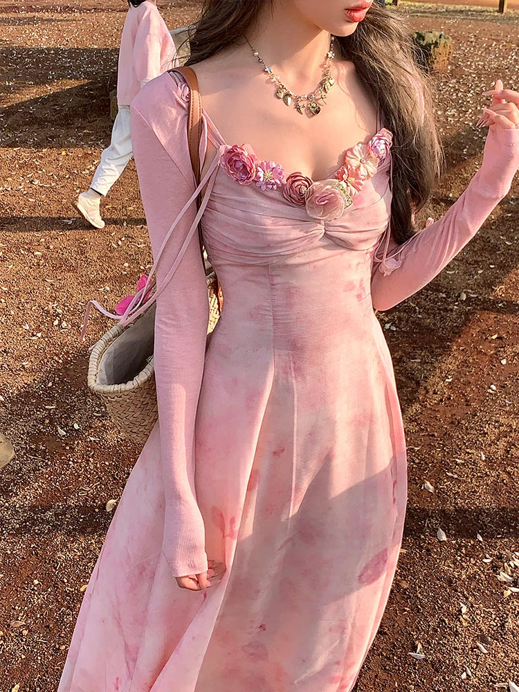 French Retro Chiffon Midi Dress Light Pink Printed Sleeveless Dress Beach Summer