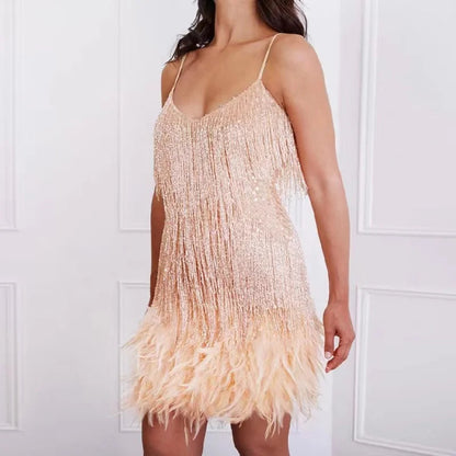 New Tassel Sequins Feather Mini Dress Spaghetti Strap Stitching Dresses Female Evening Party Club Dress