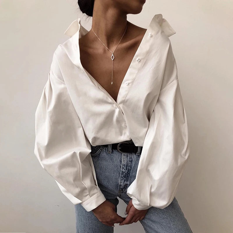 Autumn Lantern Long Sleeve Blouse Shirt Basic Top Turn Down Collar Office Lady White Shirt Tops Blusas