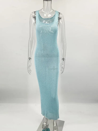 Sequin Slim Maxi Dress Female Backless Glitter See-through Patchwork Autumn ’s Long Club Party Dresses Vestido