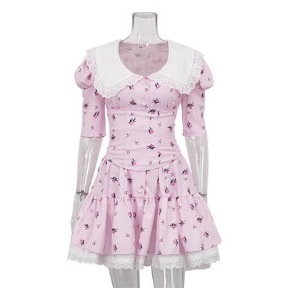 Summer Printed Patchwork Mini Dress Female Vneck Short Sleeve Slim Party Dress Gown for Dress