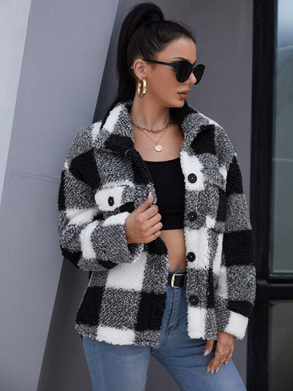 Plush Plaid Flap Pocket Coat