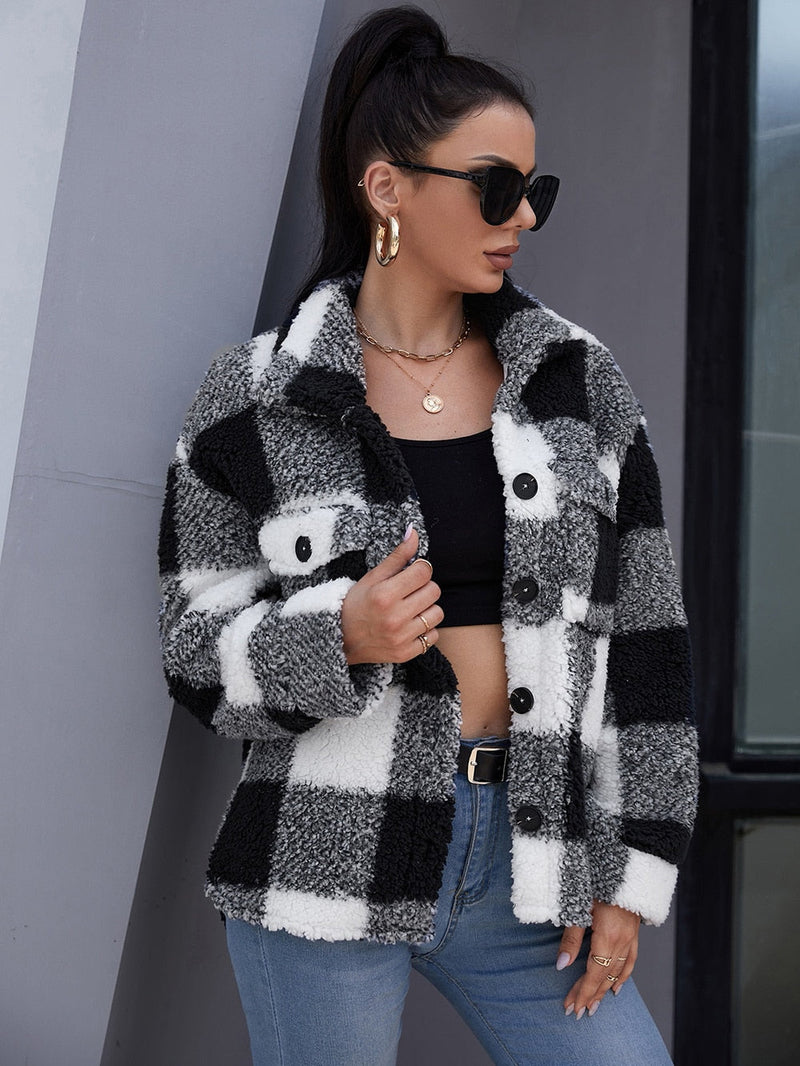Plush Plaid Flap Pocket Coat