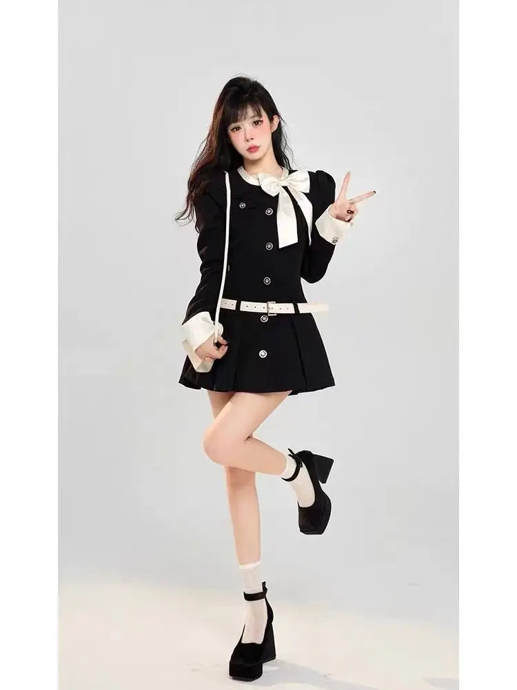 Sweet Bow Socialite Long Sleeve Black Dress for Autumn New Highend Waist Cinching Slimming Aline Pleated Mini Dress