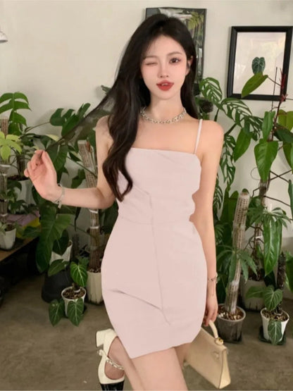 New Midi Dress Summer Spaghetti Strap Pleated Bodycon Party Slim One Piece Clothes Vestidos