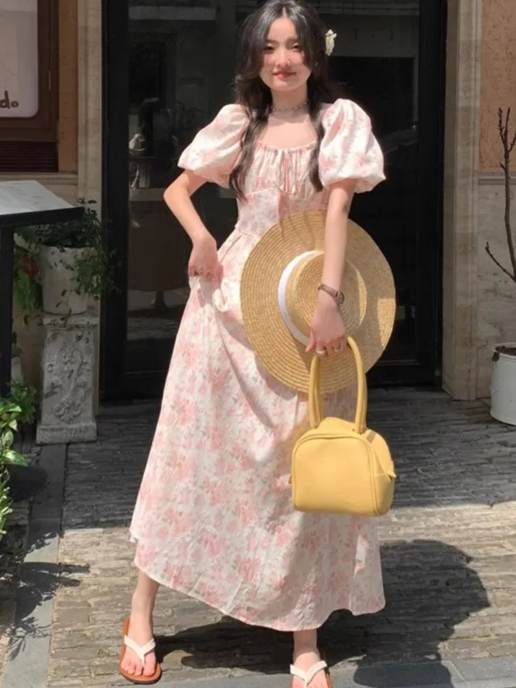 Summer Printed Midi Dress Off Shoulder Puff Sleeve Fairy Aline Dresses Korean Fahion Vestidos Mujer