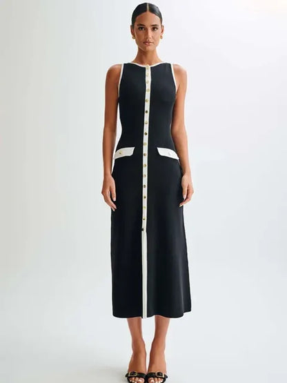 Knit Ribbed Long Dress for Slim Sleeveless Patchwork High Waist Pocket Dress ’s Maxi Dress