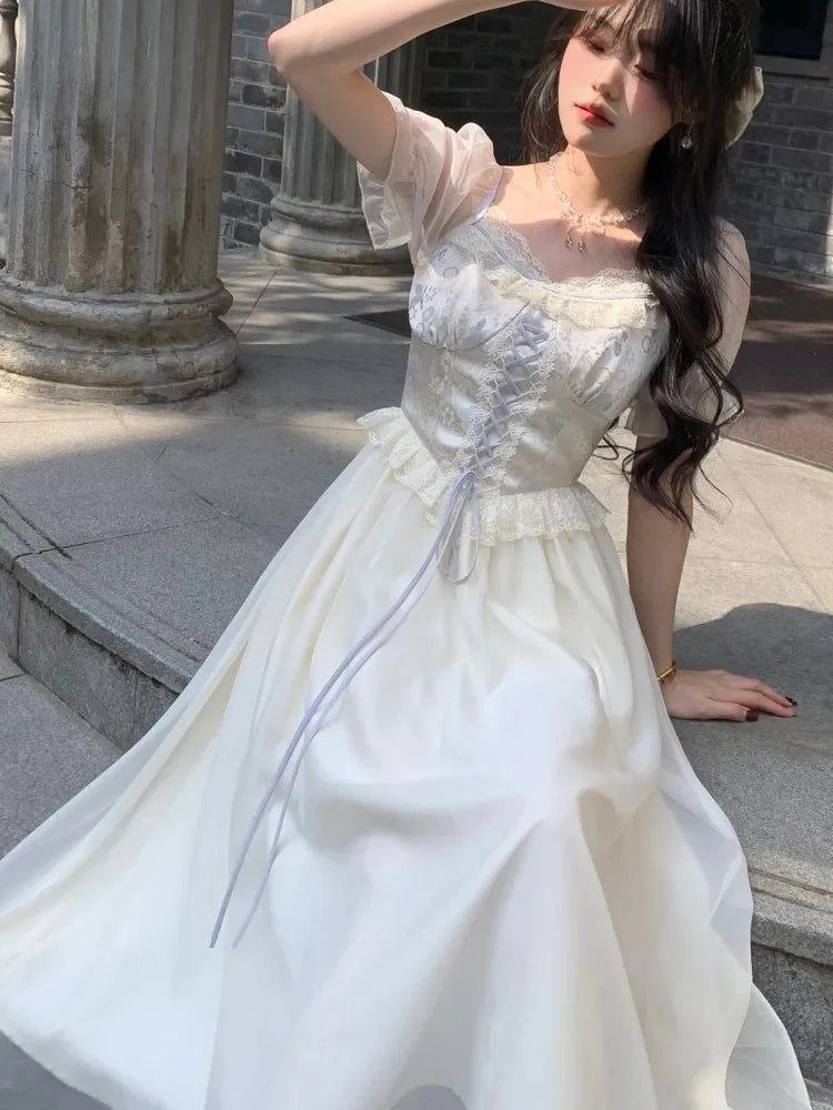 Princess Birthday Party Dress Puff Sleeve Lace-up A-line Midi Dresses for Square Collar Prom Robe Vestidos Mujer