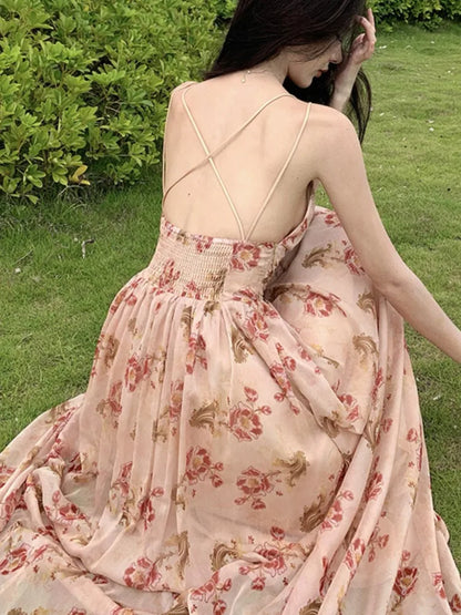 Summer New Spaghetti Strap Long Dresses for Backless A-line Beach Style Korean Party Dress Vestidos