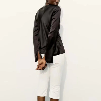 V-neck Tie Up Bow Silk Satin Blouse