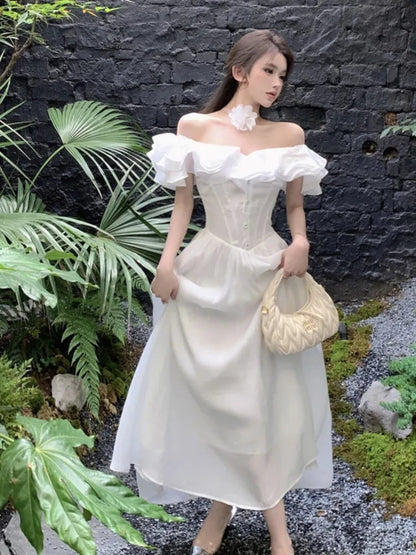 France Slim Ruffles Midi Dresses Summer Princess Evening Party Prom Dress Off Shoulder Aline Vastidos