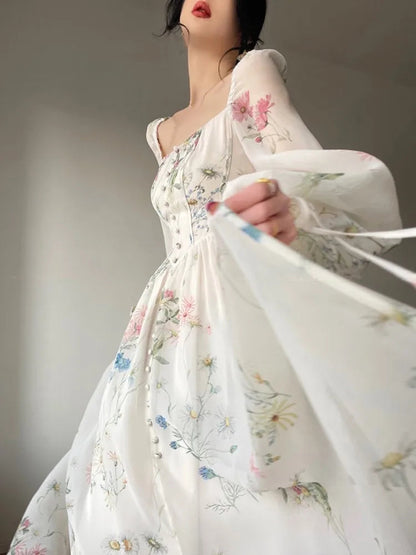 French Vinatge Evening Party Long Dresses for Aline Princess Dress Lantern Sleeve Spring Summer Prom Robe Vestidos