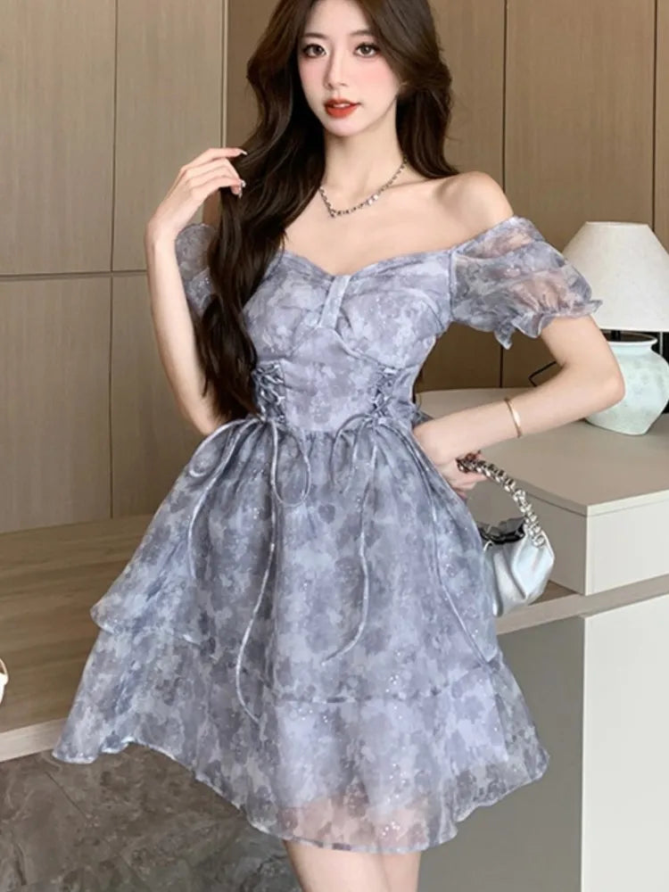 Korean Sweet Laceup Mini Dress Print Puff Sleeve Ball Gown Birthday Party Short Dresses Summer Spring Princess Vestidos