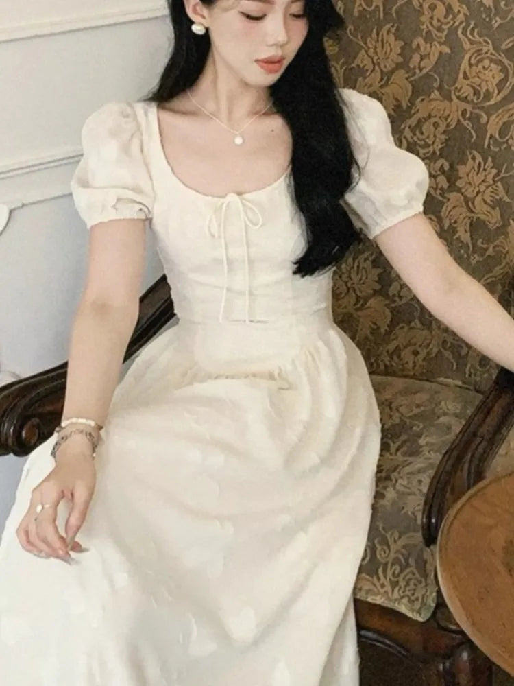 Midi Dresses for Summer New Puff Sleeve Square Collar A-line Birthday Party Dress Korean One Piece Vestido