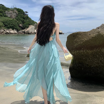 Sky Blue Backless Halter Laceup Long Dresses Spring Summer Off Shoulder Club Ruffles Vacation Pleated Sundress