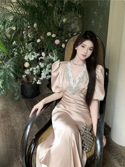 Summer Short Sleeve Lace Satin Vneck Maxi Dress French High End Waist Slimming Wrap Hip Evening Dress for