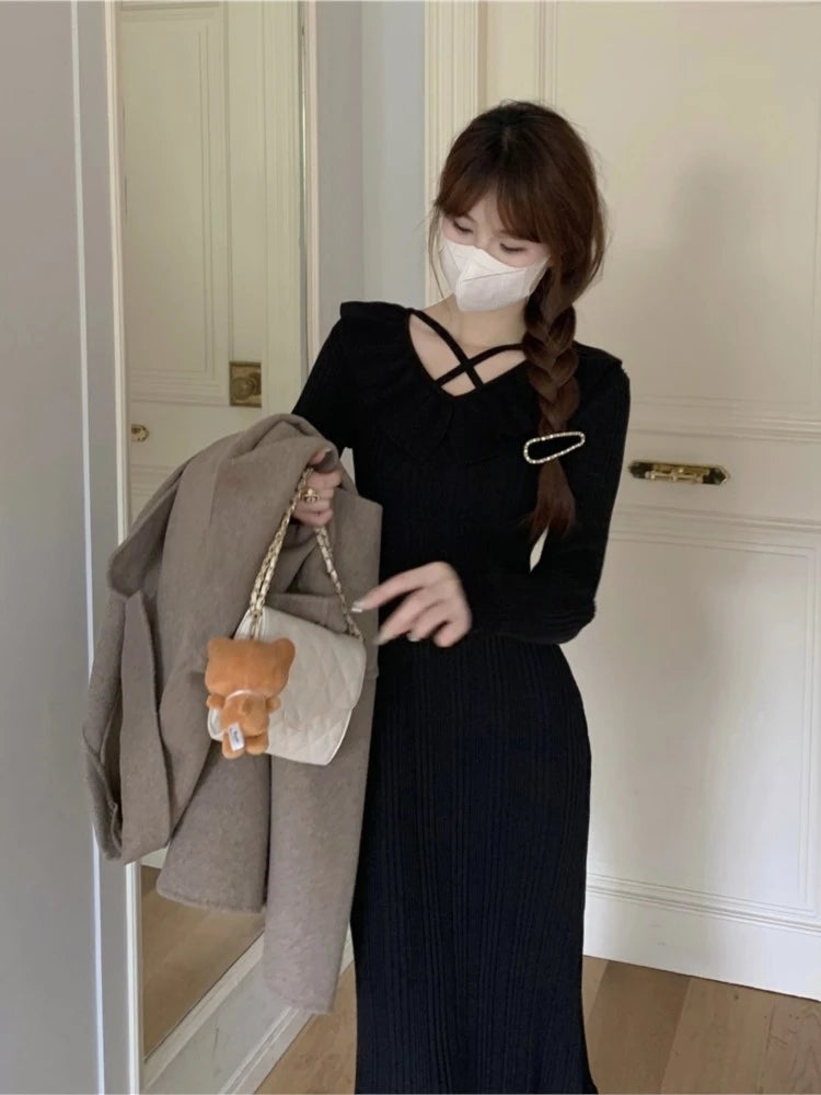 Autumn Knitted Dresses for Ruffles V-neck Bodycon Midi Dress Korean Vestidos Mujer New Knitwear