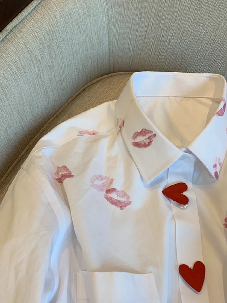 French Style Turn Down Collar Blouse Spring Print Heart Button White Long Sleeve Blusas Harajuku Loose Lip Shirt