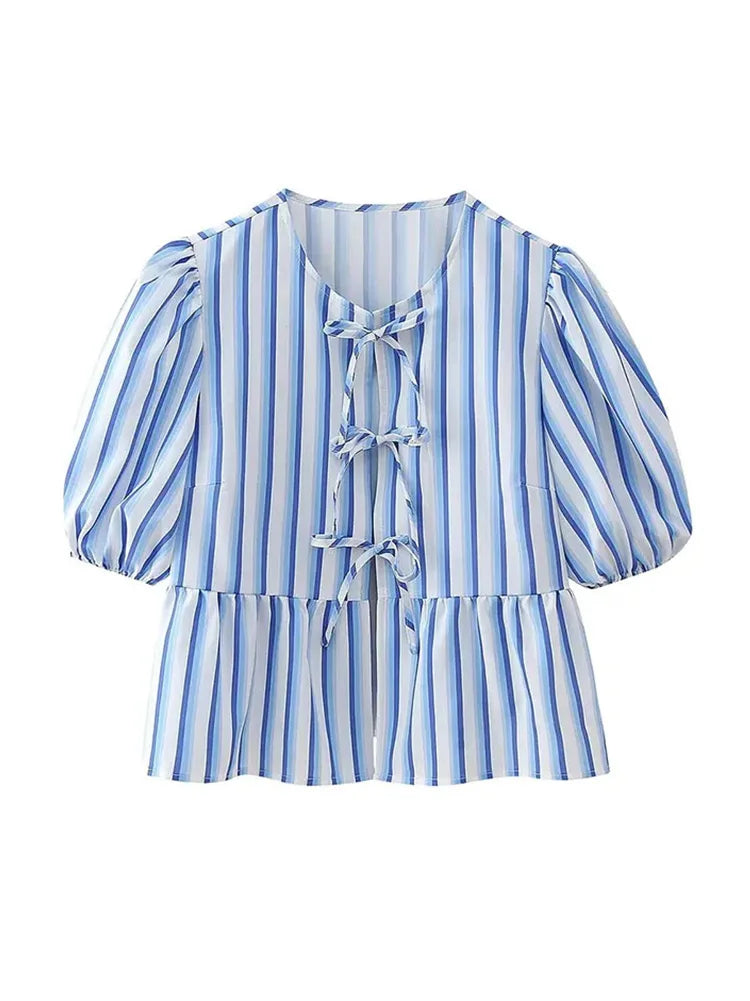 Summer Printed Cropped Shirts Top Puff Short Sleeves Round Neck Blouse Female Laceup Tshrit