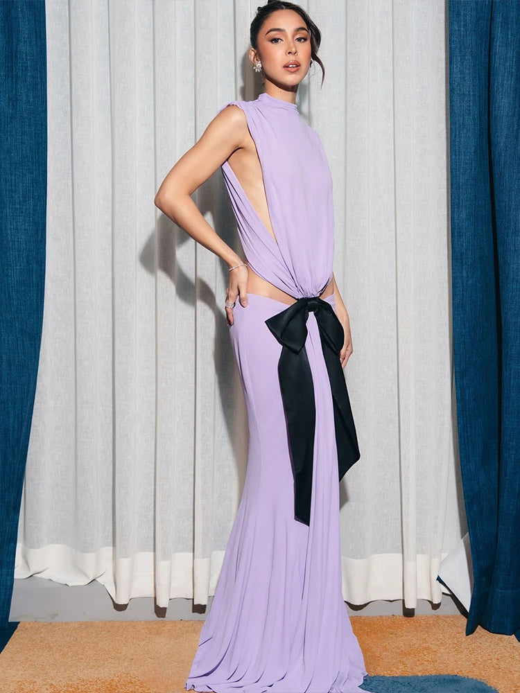 Bows Tassel Pleated Waistless Maxi Dress
