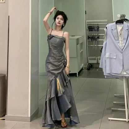 Korean Velvet Long Dress Slim Mermaid Spaghetti Strap Dress Evening Party Dress