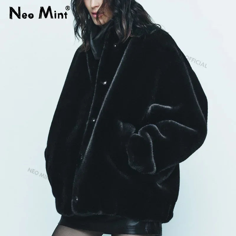 Oversized Plush Coat Winter Thick Warm Padded Faux Rabbit Fur Jacket Teen Chunky Furry Bomber Jackets