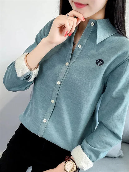 Very Thick Winter Style Blouses Shirts Lady Long Sleeve Turn-down Collar Velvet Blusas Tops Df3161
