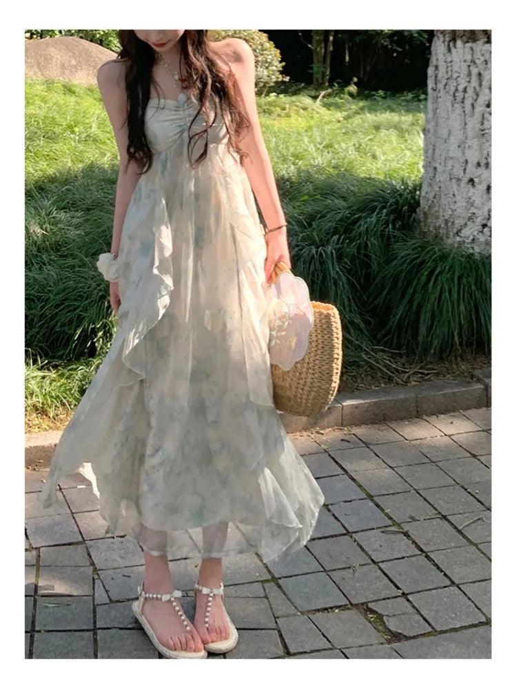 Sleeveless Midi Dresses for Beach Style Chiffon Hanging Neck Strap Holiday Sundress One Piece Vestidos